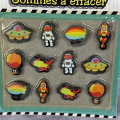 School Erasers 12 Space Theme Astronaut Space Ship Blimp Rocket Jet UFO NOS