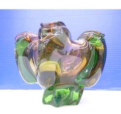 Vintage Murano Hand Blown Green & Amber Art Glass Centerpiece Bowl.