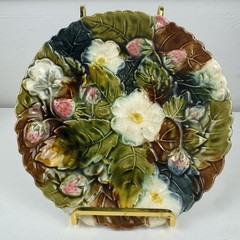 Antique French Majolica Strawberry Plate Floral Relief 8.5 Inch