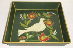 2 Vintage Toleware Metal Pans ~ Signed Folk Art ~ Hand Painted Pa Dutch Birds