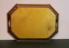 Vtg Toleware Metal Octagon Gold Tray Hand Painted Fruit Reticulated Handles