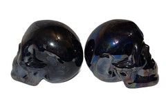 2 Ceramic Skull Skeleton Head Figurines ￼ Black Halloween Fun