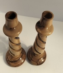 Hand Carved Olive Wood Spiral Candle Holders Pair Holy Land Barley Twist