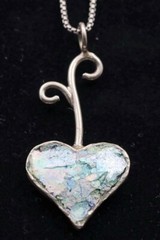 Roman Glass Big Heart Silver 925 Pendent Ancient Fragment 200 B.C. Bluish Patina