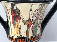 Vintage Greek Double Handled Terracotta Kantharos Vase Signed 5″H Hand Painted