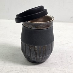 Handmade Pottery Travel Mug Cup With Lid Gray Black Drip Glaze Signed Art EUC