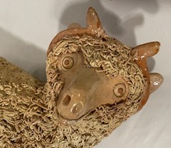 Vintage Spaghetti Pottery Lamb Ram Sculpture Figurine Poland Signed SET of 2