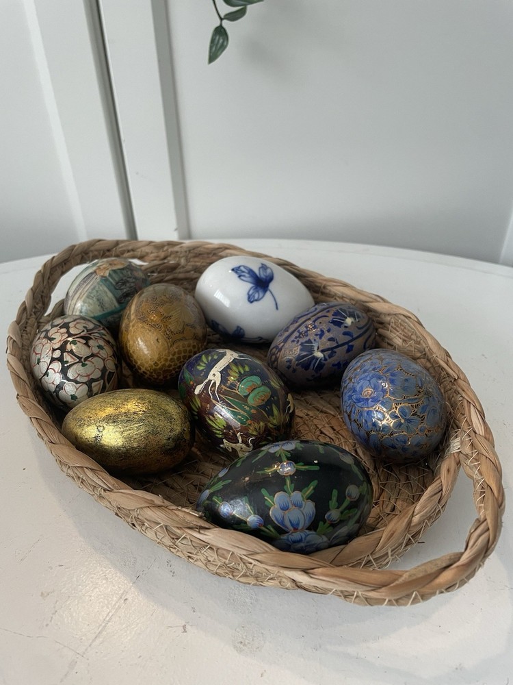 9 Vintage Hand-Painted Decorative Eggs Laquered Forest Folk Floral Kashmiri Set