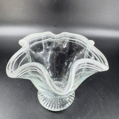 Vintage Glass Dish Bowl Clear White Ruffles Scroll Footed Base Candy Dish VTG