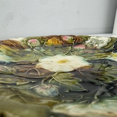 Antique French Majolica Strawberry Plate Floral Relief 8.5 Inch