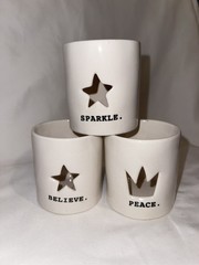 Rae Dunn Set Of 3 Ceramic Believe Sparkle Peace Votive Candle Holders Magenta