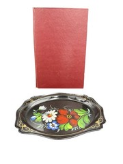 Vintage Hand Painted Floral Oval Trinket Dish Black Gold Folk Art Decor