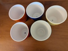 5-VINTAGE HAZEL ATLAS MODERNTONE FLOWER POTS 3-3/4″BLU,RED,YELLOW,GRN, ORANGE
