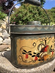 Vintage Jean Dewey Signed Primitive Painted Toleware Bail Handle Tin Lunchbox