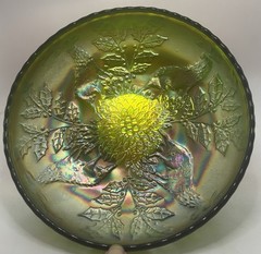 Stag Holly Green Carnival Glass 3 Footed Bowl Beaded Edge Amethyst Irridescence