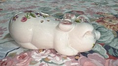 Vintage Porcelain Potpourri Pig Figurine Hand Decorated Pink Flowers 1978 Brazil