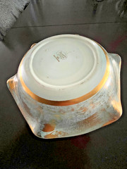 VTG STANGL POTTERY 10″ RUFFLED DISH ANTIQUE GOLD OVER TURQUOISE BLUE BASE #4062