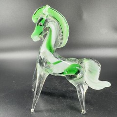 Hand Blown Art Glass Horse Figurine Paperweight Hand Made Glass Green White VTG