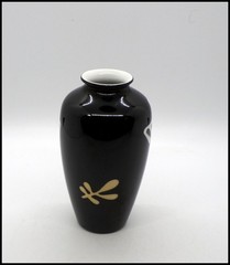 Noritake MCM Modernist Black Glaze Small Bud Vase Abstract Leaf Motif 4.75in