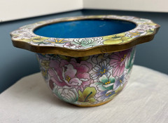 Vintage Cloisonne Chinese Floral Scallop Fluted Bowl Enamel Brass – Mid Century