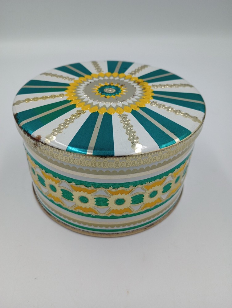 Vintage Art Deco 1930s Colorful Tin Container Round Storage Teal Yellow Silver
