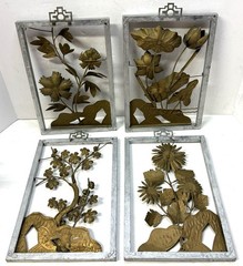 Vintage Art Deco Wall Art 3D Brass Color Tin Metal Flowers in Wooden Frames x4