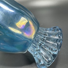 1980s Art Glass Abstract Vase Bowl Centerpiece Teal Blue Iridescent Finish Glass