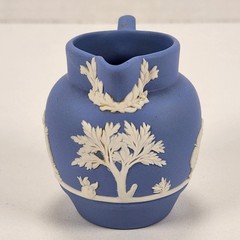 VTG Wedgwood Blue Jasperware Miniature Pitcher Creamer Neoclassical Trees 2.5″