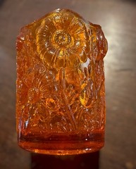 VTG Amberina Orange Daisy Tulip Glass Votive Toothpick Holder 2 1/2 Floral Glows