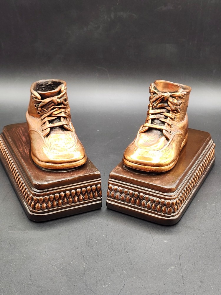 Copper Colored Bronze Baby Shoes on Bases Bookends -Perma Plated- Vintage