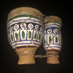Pair ❤️ Joined Vintage Hand Painted Pottery BONGO DRUMS Retro Skin Ceramic