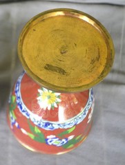 Vintage Chinese Cloisonné Covered Urn Cup Chalice Red Floral Enamel Brass