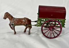 Pair Hand Painted Heavy Cast Metal Miniature Horse & Wagon Figurines from France