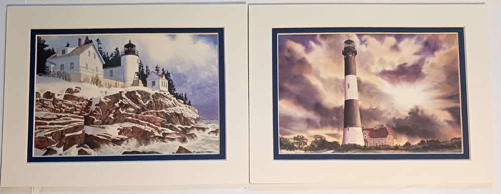 Fire Island Light NY Bass Harbor Head Maine 2 Lighthouses Double Matted Prints
