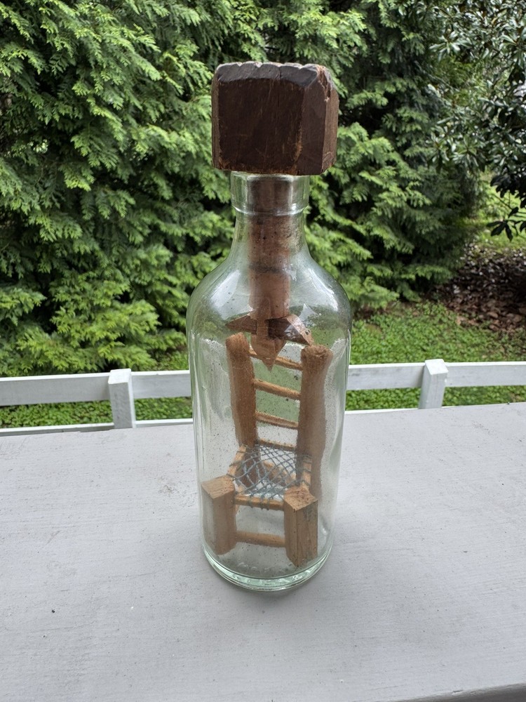 Whimsy Bottle * Not A Ship in Bottle * Folk Art * Wooden Chair With Woven Seat