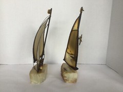 MCM Vtg Demott Brass Metal on Stone Base Sailboat Sculptures Set of 2 Signed