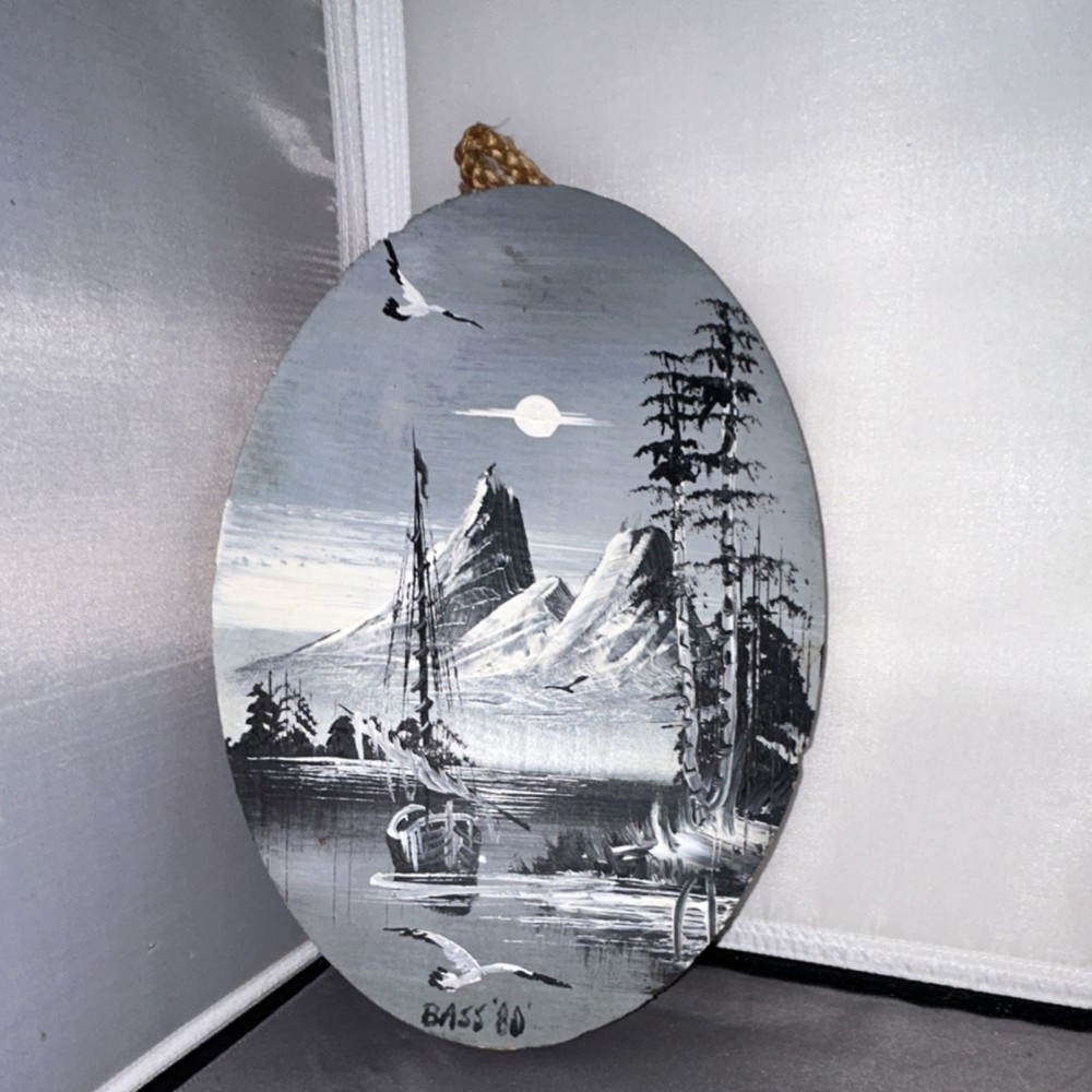 Bass 1980 Hand Painted Wood Landscape Decorative Plaque