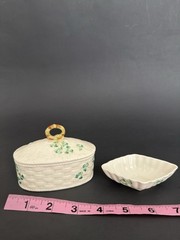 Belleek Ireland Trinket Box + Dish Set Classic Shamrock Cream Porcelain 6th Gen