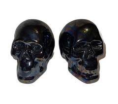 2 Ceramic Skull Skeleton Head Figurines ￼ Black Halloween Fun
