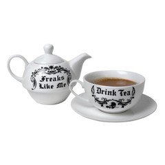 Freaks Like Me Drink Tea For One Set White Teapot Alchemy Gothic