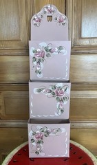 Vtg Metal Letter Wall 3 Pocket Pink Tole Painted Roses & Signed