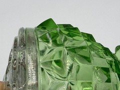 Vintage Green Uranium Glass Diamond Point Footed Dish w Clear Flower Frog Insert