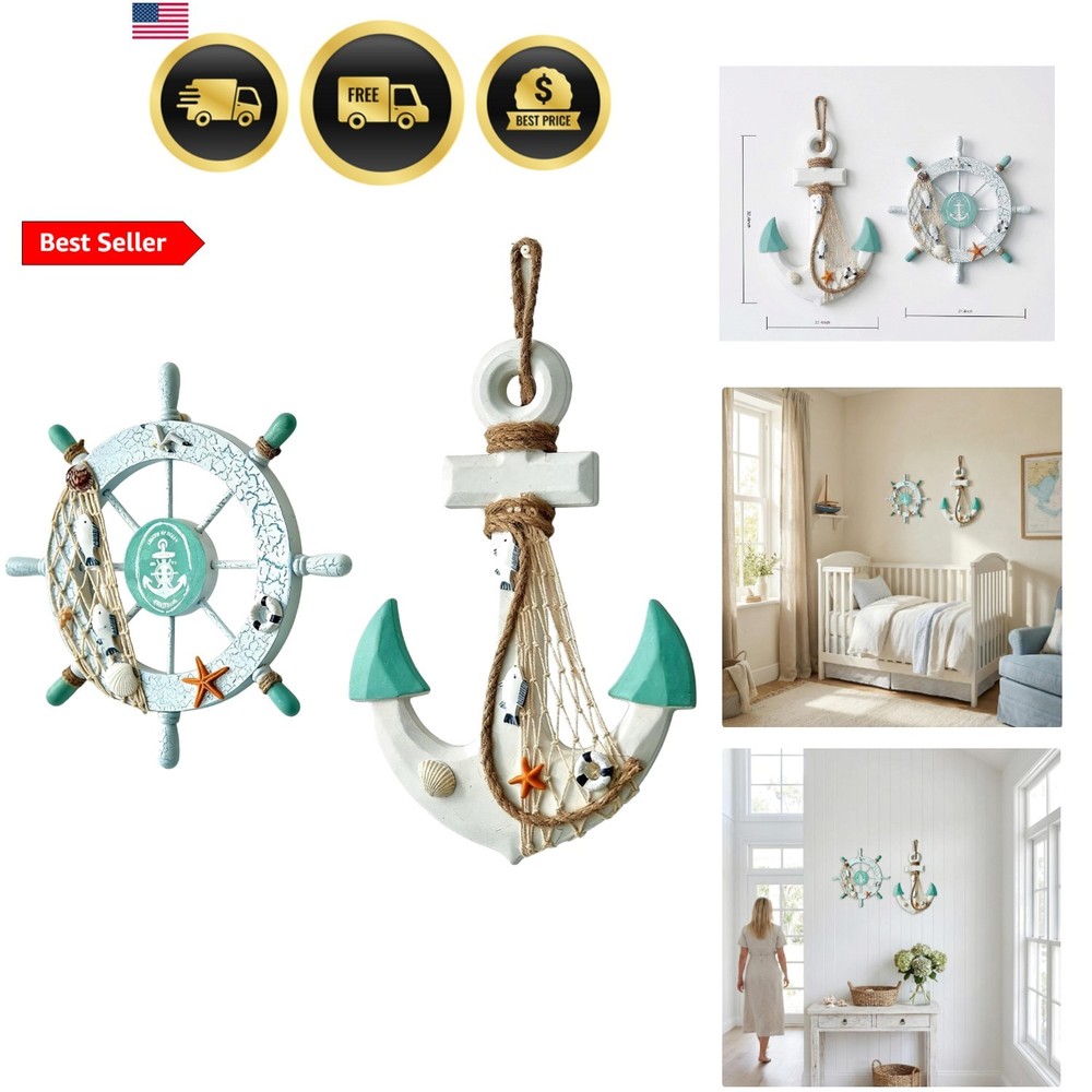 Nautical Wall Decor 2-Pack – 11″ Wooden Ship Wheel & 13″ Anchor with Rope, Co…
