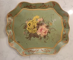 VTG Hand Painted Floral Serving Tole Tray Olive Green Stand Cottage Core Shabby