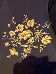 Limoges Castel France Black Porcelain Trinket Vanity Tray Gold Floral 9″ Scallop