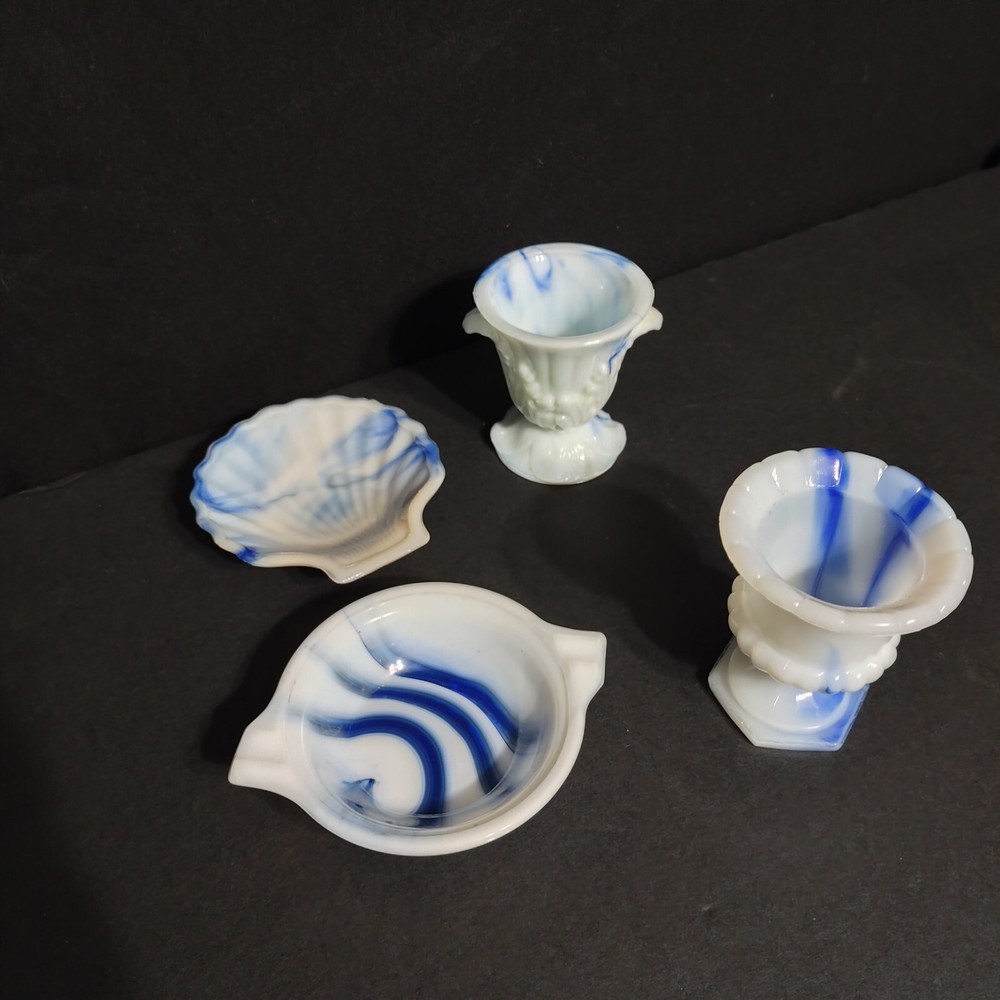 VINTAGE 4 AKRO AGATE Blue Slag Glass Shell , Trinket Holder And Sm Vases