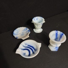 VINTAGE 4 AKRO AGATE Blue Slag Glass Shell , Trinket Holder And Sm Vases