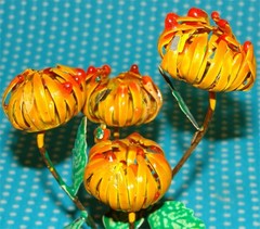 2 Unusual Vtg Enameled Metal Orange Flower Sculptures 6” Arrangement Closed