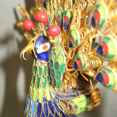 VINTAGE Cloisonne Enamel Peacock Gold Filigree Sculpture Carved Green Stone Base
