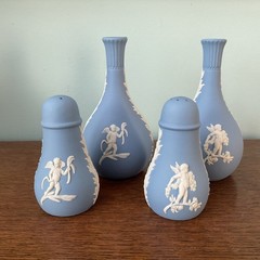 Wedgwood Blue Jasperware Four Seasons Cherubs Salt & Pepper AND Pair Bud Vases